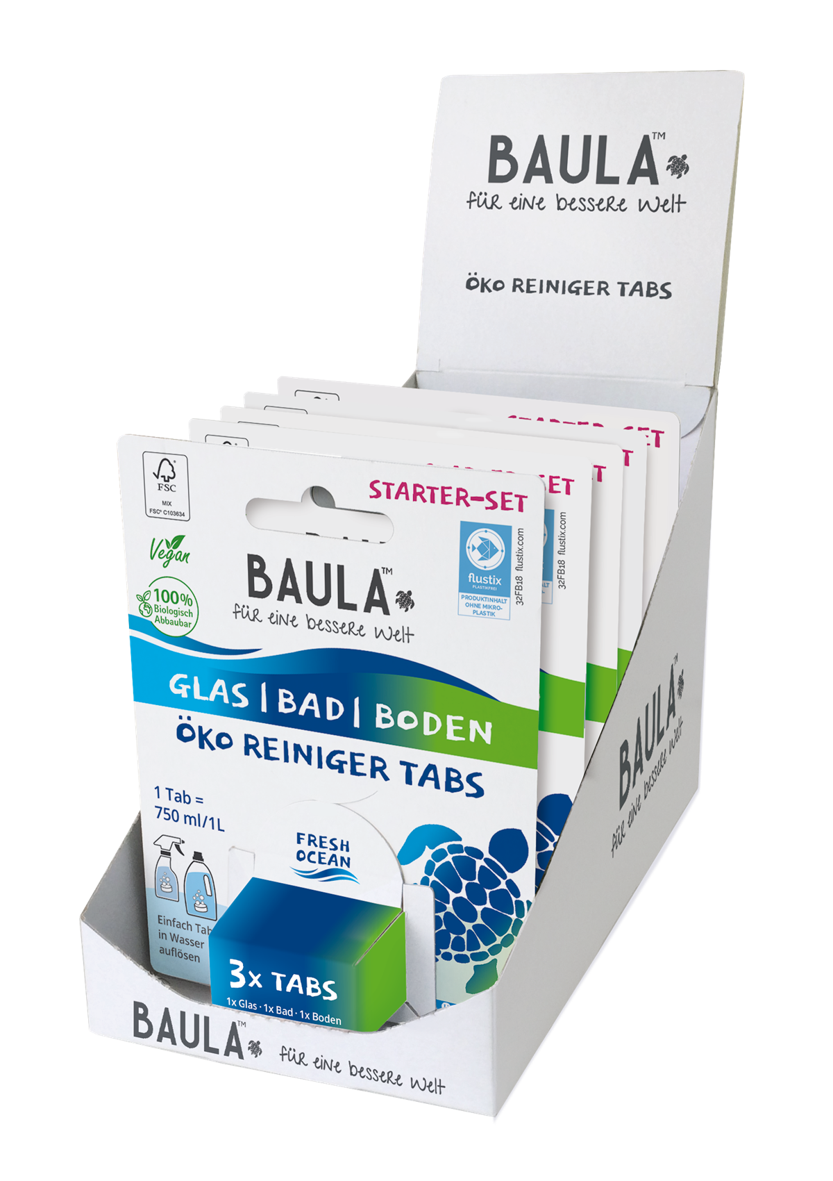 Starterset von BIOBAULA: Die Tabletten werden in Wasser aufgelöst, die Verpackung ist aus recycelbarem Karton. 