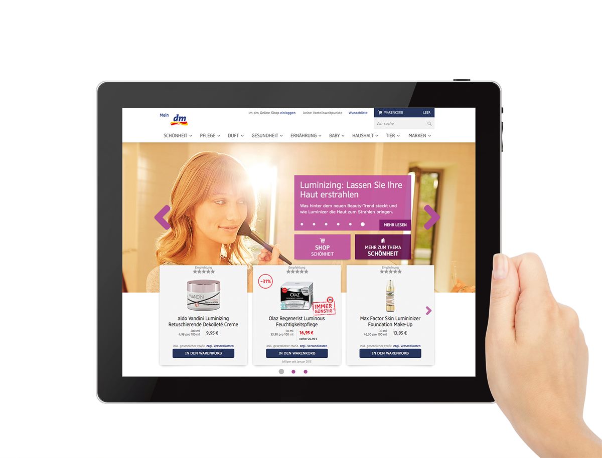 Der dm Online Shop ist auch mobilfähig und kann via Tablet oder Smartphone von unterwegs genutzt werden.